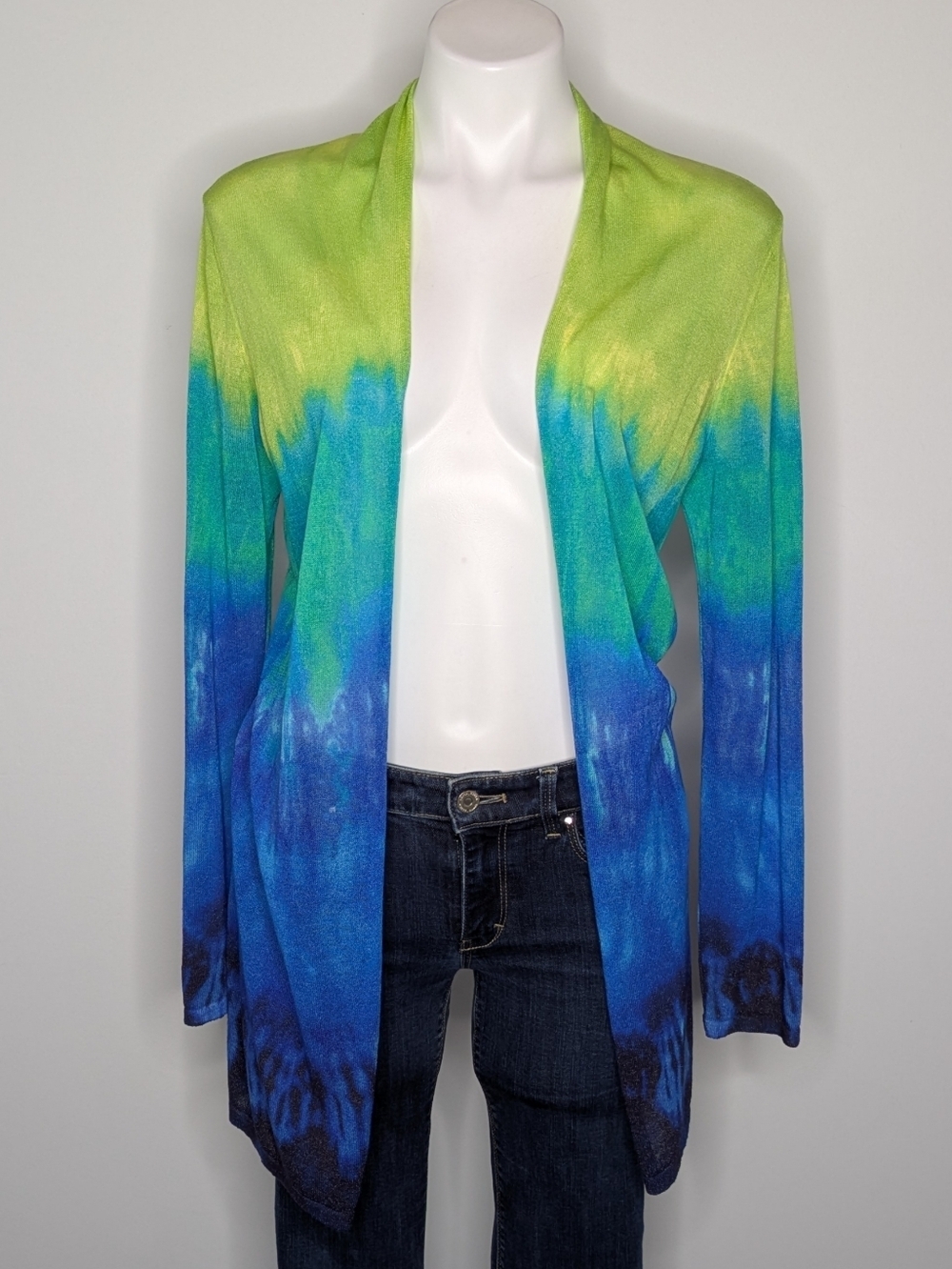 Chico's Blue Green Dip Dye Lightweight Open Cardigan Sweater L